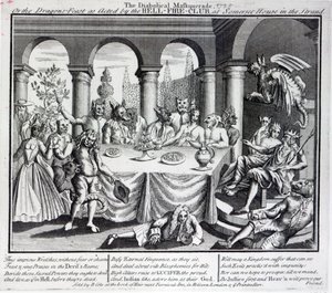 Az ördögi álarcosbál, vagy a sárkányok lakomája a Pokol-tűz-klub előadásában, a Somerset House-ban, a Strandon, 1721 körül. alkotó: English School