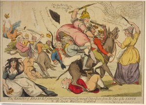Franciaország zsenije, aki kiirtja a despotizmust, a zsarnokságot és az elnyomást a föld színéről, Vagy a legyőzött királyi harcosok, 1792 (kézzel színezett rézkarc) alkotó: English School
