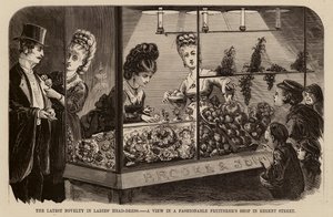 Die neueste Neuheit in Damenkopfbedeckungen, ein Blick in einen modischen Obstladen in der Regent Street (Gravur) von English School
