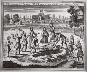A börtönben meghalt Wm Wiseman szántóföldi eltemetésének módja, illusztráció a Foxes Martyrs c.1703-ból alkotó: English School