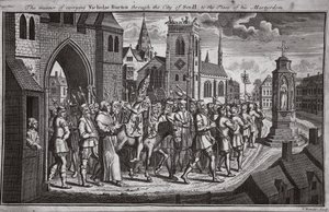 Nicholas Burton Sevilla városán át a vértanúság helyére történő szállításának módja, illusztráció a Foxes Martyrs c.1703-ból alkotó: English School