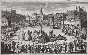 Dr. Ridley és Latimer úr mártíromsága Oxfordban, Dr. Smith prédikál szenvedésük idején, illusztráció a "Foxes Martyrs" c.1703-ból (litográfia). alkotó: English School