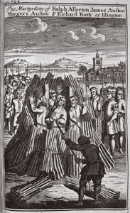 Ralph Allerton James Austoo, Margery Austoo és Richard Roth mártírhalála Islingtonban, illusztráció a "Foxes Martyrs" c.1703-ból (litográfia). alkotó: English School