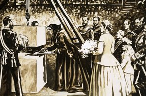 Az Albert Hall megnyitása az idősödő Viktória királynő által 1871-ben. alkotó: English School