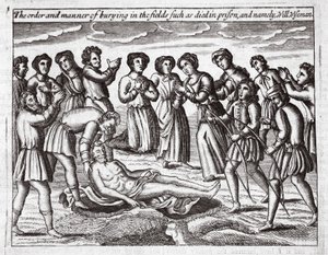 Az eltemetés rendje és módja olyan területeken, mint például a börtönben elhunytak, és nevezetesen Will Wiseman, John Foxe illusztrációja a Cselekedetek és emlékművekből, kilencedik kiadás, pub. 1684 alkotó: English School