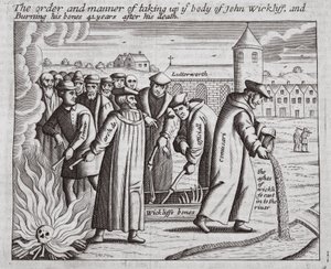 John Wickliff holttestének felvételének és csontjainak elégetésének rendje és módja 44 évvel halála után, illusztráció: John Foxe, Cselekedetek és emlékművek, kilencedik kiadás, pub. 1684 alkotó: English School