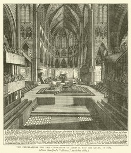 II. Jakab és királynője 1685-ös koronázásának előkészületei Sandford 1687-ben megjelent „History” című művéből (metszet) alkotó: English School