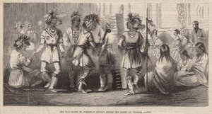 Ojibwe indiánok harci tánca a királynő előtt a windsori kastélyban alkotó: English School