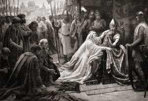 Edward király felesége, Philippa Hainault királynője közbenjár férje előtt, hogy a hét calais-i polgár életét kíméljék (nyomtatás) alkotó: English School