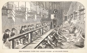 A műhely a Silent System alatt a Millbank börtönben, illusztráció a londoni bűnügyi börtönökből és Henry Mayhew és John Binny jelenetek a börtönéletből, pub. 1862 alkotó: English School