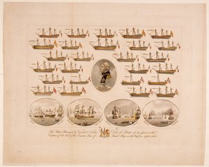 Ezt a táblát Nelson Bronte herceg vikomtja védi, aki 1793 és 1805 között segített az Enemies csatahajók 26 vitorlájának elfoglalásában (színes metszet) alkotó: English School