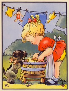 "Így mossuk a ruháinkat" (színes litográfia) alkotó: English School