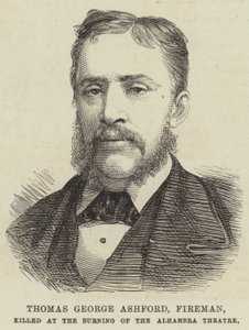 Thomas George Ashford tűzoltó, meghalt az Alhambra Színház égőjében (metszet) alkotó: English School