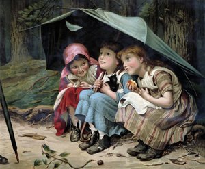 Három kis cica (lányok és cicák egy esernyő alatt szorongva) - angol kromolitográfia alkotó: English School