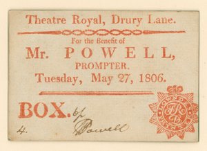 Jegy a londoni Drury Lane Színházba: Powell úr javára, súgó, 1806. május 27. alkotó: English School