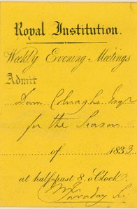 Belépőjegy a londoni Albemarle Street-i Királyi Intézetbe, Michael Faraday előadására alkotó: English School