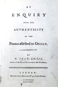 Címlap a William Shaw által Ossiannak tulajdonított versek hitelességének vizsgálatához, 1781-ben megjelent (nyomtatott papír) alkotó: English School