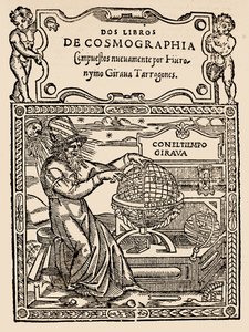 Címlap Hieronymo Girana Tarragones két kozmográfiai könyvéhez, The Narrative and Critical History of America, szerkesztette: Justin Winsor, London, 1886 (fatömbnyomat) alkotó: English School