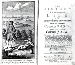 Címlap és előlap az igazán tisztelt Jaque ezredes legfigyelemreméltóbb életének és rendkívüli kalandjainak történetéhez, Daniel Defoe, 1738 alkotó: English School