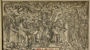 Címoldal részlet, amely a „VIII. Henrik királyt ábrázolja, a Nagy Bibliából”, 1541 körül (fametszet) alkotó: English School