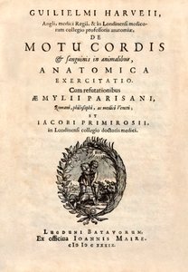 William Harvey (1578-1657) "De Motu Cordis set Sanguinis in Animalibus" (A szív és a vér mozgása az élőlényekben) című, 1628-ban megjelent művének címlapja. alkotó: English School