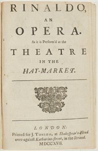 Címlap Händel „Rinaldo” című operájának librettójából, Giacomo Rossi, 1717 alkotó: English School