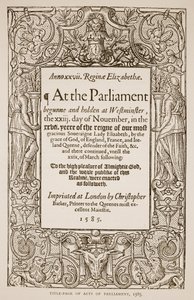A parlamenti aktusok címlapja, nyomta Christopher Barker (1528-99), 1585 (szépia fotó) alkotó: English School