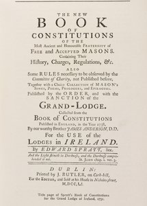Az írországi nagypáholy Spratts alkotmánykönyvének címlapja, 1751 alkotó: English School