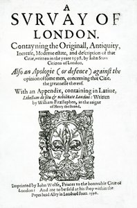 John Stow 1598-ban megjelent londoni felmérésének címlapja (nyomtatott papír)