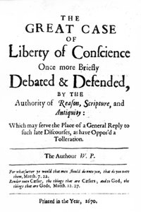 Címlap a The Great Case of Lelkiismeret szabadságához, William Penn 1670-ben alkotó: English School