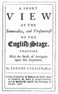 Címlap az angol színpad erkölcstelenségének és trágárságának rövid áttekintéséhez, Jeremy Collier, 1698 (nyomtatott papír) alkotó: English School