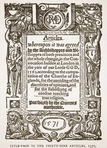 Címlap a Thirty-Nine cikkhez, 1571, illusztráció a The Church of England: A History for the People című könyvéből, H.D.M. Spence-Jones, kocsma. 1910 körül (szépia fotó) alkotó: English School