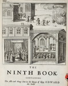 A kilencedik könyv címlapja, illusztrációja John Foxe cselekedeteiből és emlékművekből, kilencedik kiadás, pub. 1684 alkotó: English School