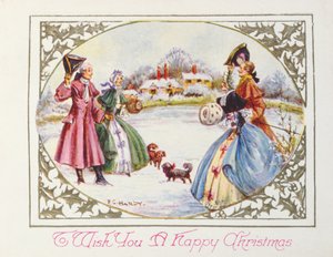 "Boldog karácsonyt kívánok", viktoriánus kártya (chromolitho) alkotó: English School
