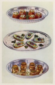 Paradicsomkrémek; Szardellagondolák; Garnélarák aszpikban (színes litográfia) alkotó: English School