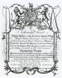Kereskedelmi kártya Nehemiah Ward, Southwark ostorkészítő számára alkotó: English School