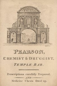 Kereskedelmi kártya Pearson vegyész és gyógyszerész számára, Temple Bar, London (metszet) alkotó: English School