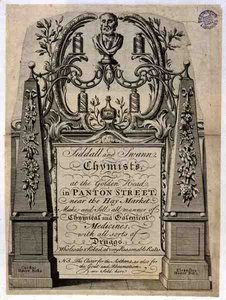Kereskedelmi kártya Siddall és Swann, vegyészek számára a Golden Headben, Panton Street, London (metszet) alkotó: English School