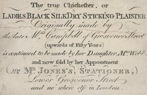 Kereskedelmi kártya, az igazi Chichester vagy Ladies Black Silk Dry Sticking Plaister alkotó: English School