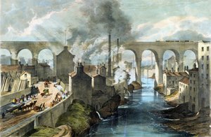 Vonat keresztezi a Stockport Viaduktot a London  North Western Railway-en, 1845 körül (színes litográfia) alkotó: English School