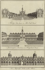 A Trinity Almshouses a Mile End Roadon, az Ironmongers Almshouses a Kingsland Roadon és a His Majestys Stables a Mews-ben, London alkotó: English School