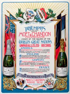"Az 1902-es év diadalai, Moet  Chandon pezsgő, a világ nagy nemzeteinek uralkodói választása", hirdetés a "The Theatre" magazinban. alkotó: English School