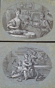 Két hazai jelenet, 1725 körül (fekete-fehér kréta kék papíron) alkotó: English School