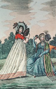 Két divatos hölgy a kertben, 1800 körül (színes metszet) alkotó: English School