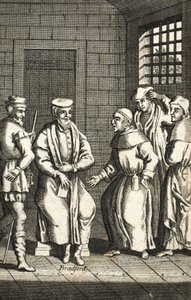 Két spanyol barát beszélget Mr. Bradforddal, illusztráció a Foxes Martyrs c.1703-ból 99: Foxes Book of Martyrs; John Fox; c17.; Rókák; alkotó: English School