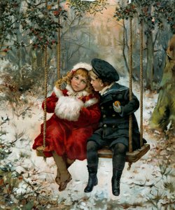 Két gyerek hintában. A kisfiú matrózruhát, a kislány muffot visel. 1905 karácsonyának címlapja „Illusztrált londoni hírek”. Párizs, dekoratív művészet alkotó: English School