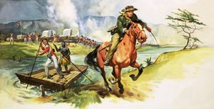 Ismeretlen cowboy lovagol el a folyóról, a folyó másik partján támadás alatt álló angol katonákkal alkotó: English School