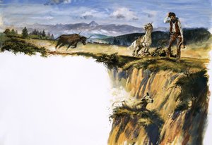 Azonosítatlan cowboy megvakarja a fejét, miközben azon töpreng, hogyan mentsen meg egy bikát alkotó: English School