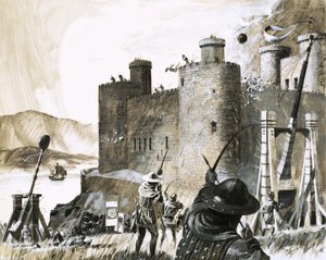 Egy vár azonosítatlan ostroma trebuchet segítségével alkotó: English School