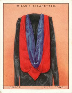 Egyetemi csuklyák és köpenyek: London University, Doctor of Laws, LLd, Lond (színes litográfia). alkotó: English School